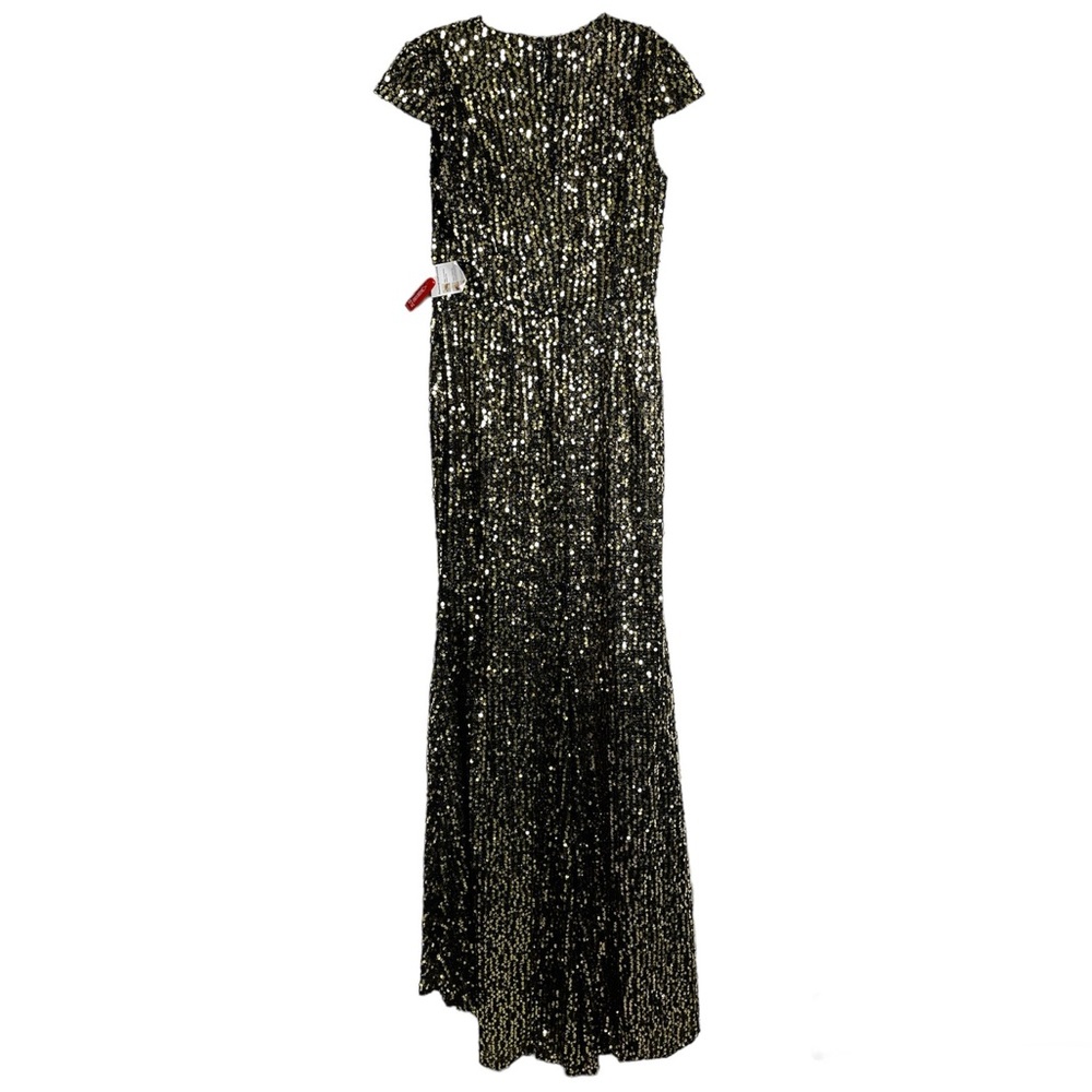 IEENA FOR MAC DUGGAL Sequined Cap Sleeve High Neck Gown NEW Size 8 Black Gold - Picture 8 of 14